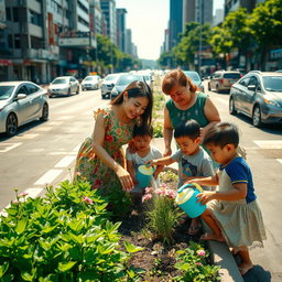 A scene in a bustling city where a woman in a beautiful traditional Filipiniana dress is planting flowers in a small urban garden