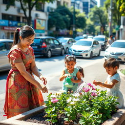 A scene in a bustling city where a woman in a beautiful traditional Filipiniana dress is planting flowers in a small urban garden