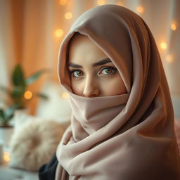 Aesthetic portrait of a woman wearing a hijab, elegantly draped, partially hiding her face with a soft, serene expression