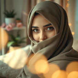 Aesthetic portrait of a woman wearing a hijab, elegantly draped, partially hiding her face with a soft, serene expression