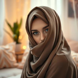 Aesthetic portrait of a woman wearing a hijab, elegantly draped, partially hiding her face with a soft, serene expression