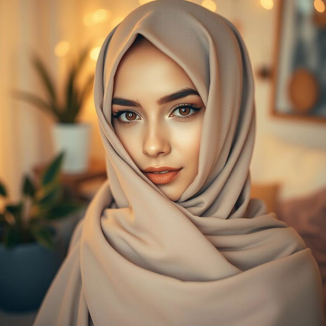 Aesthetic portrait of a woman wearing a hijab, elegantly draped, partially hiding her face with a soft, serene expression