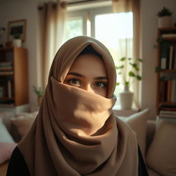 Aesthetic photo of a girl wearing a hijab, beautifully styled, partially obscuring her face while she stands in a cozy, warmly decorated room inside her house