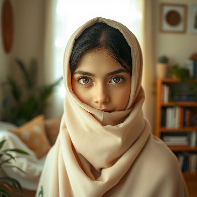 Aesthetic photo of a girl wearing a hijab, beautifully styled, partially obscuring her face while she stands in a cozy, warmly decorated room inside her house