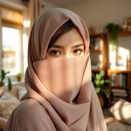 Aesthetic photo of a girl wearing a hijab, beautifully styled, partially obscuring her face while she stands in a cozy, warmly decorated room inside her house