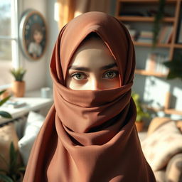 Aesthetic photo of a girl wearing a hijab, beautifully styled, partially obscuring her face while she stands in a cozy, warmly decorated room inside her house