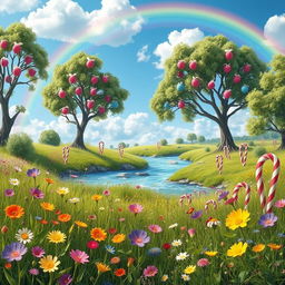 A whimsical scene depicting a vibrant nature landscape with colorful candy elements integrated throughout