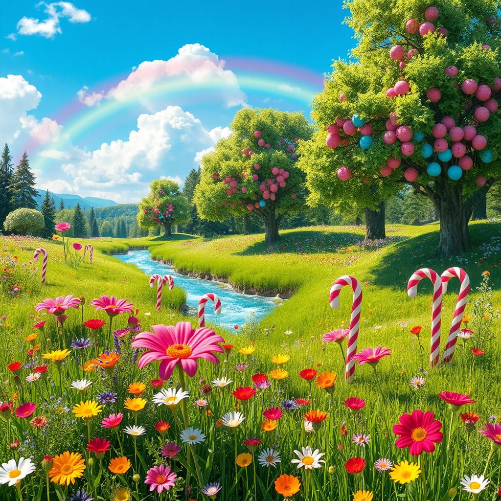 A whimsical scene depicting a vibrant nature landscape with colorful candy elements integrated throughout