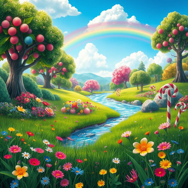 A whimsical scene depicting a vibrant nature landscape with colorful candy elements integrated throughout