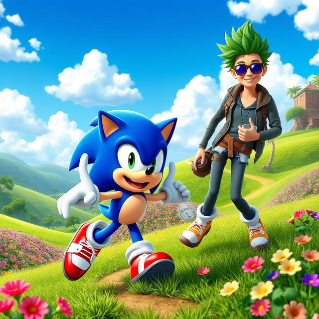 A lively scene featuring Sonic the Hedgehog in a vibrant, colorful environment