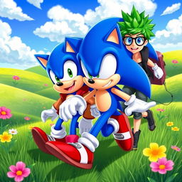 A lively scene featuring Sonic the Hedgehog in a vibrant, colorful environment