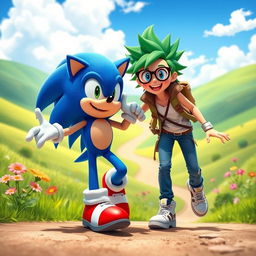 A lively scene featuring Sonic the Hedgehog in a vibrant, colorful environment