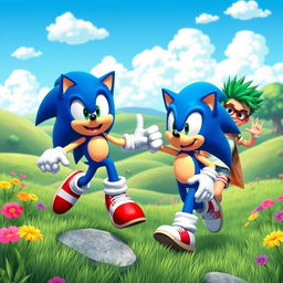 A lively scene featuring Sonic the Hedgehog in a vibrant, colorful environment