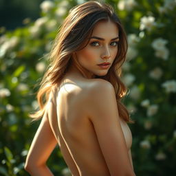 A stunning artistic nude photograph of a young woman in an elegant pose, capturing her natural beauty and grace