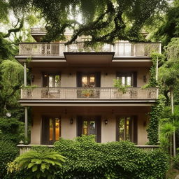 A large duplex house with an expansive balcony lined with ornate railing, surrounded by lush scenery.