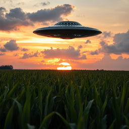 A dramatic and captivating scene of a UFO hovering above a vast cornfield, with rows of tall, green corn stalks stretching towards the horizon