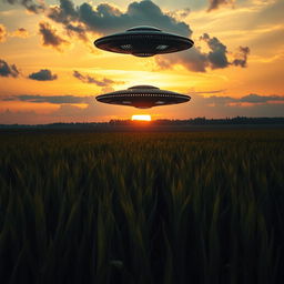 A dramatic and captivating scene of a UFO hovering above a vast cornfield, with rows of tall, green corn stalks stretching towards the horizon