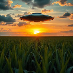 A dramatic and captivating scene of a UFO hovering above a vast cornfield, with rows of tall, green corn stalks stretching towards the horizon