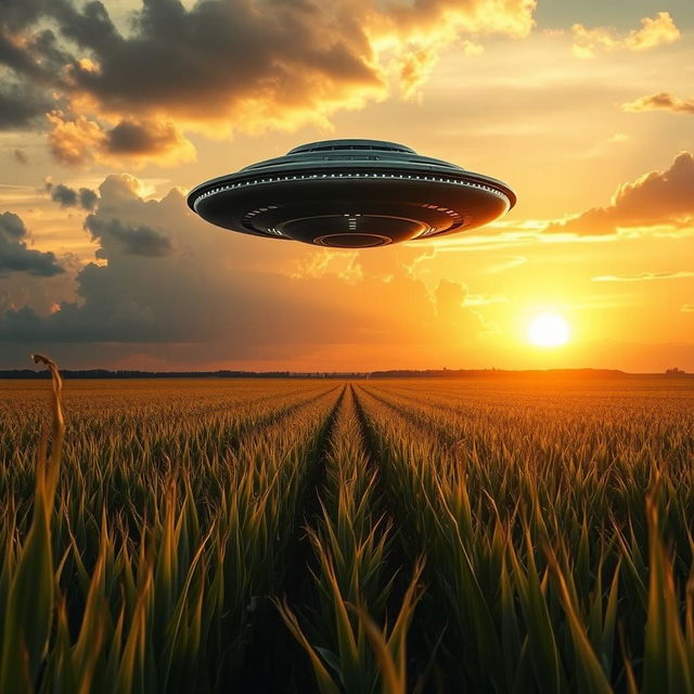 A dramatic and captivating scene of a UFO hovering above a vast cornfield, with rows of tall, green corn stalks stretching towards the horizon