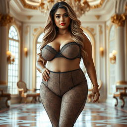 A stunningly beautiful Indian plus-sized woman, not fat, wearing a transparent lace pant that showcases her stylish proportions and highlights her big boobs pushed up