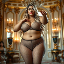 A stunningly beautiful Indian plus-sized woman, not fat, wearing a transparent lace pant that showcases her stylish proportions and highlights her big boobs pushed up