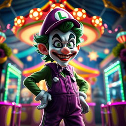 An imaginative and striking character design that showcases a morph of the classic Joker and Luigi Mangione, combining the elements of both iconic figures