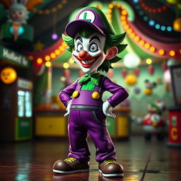 An imaginative and striking character design that showcases a morph of the classic Joker and Luigi Mangione, combining the elements of both iconic figures