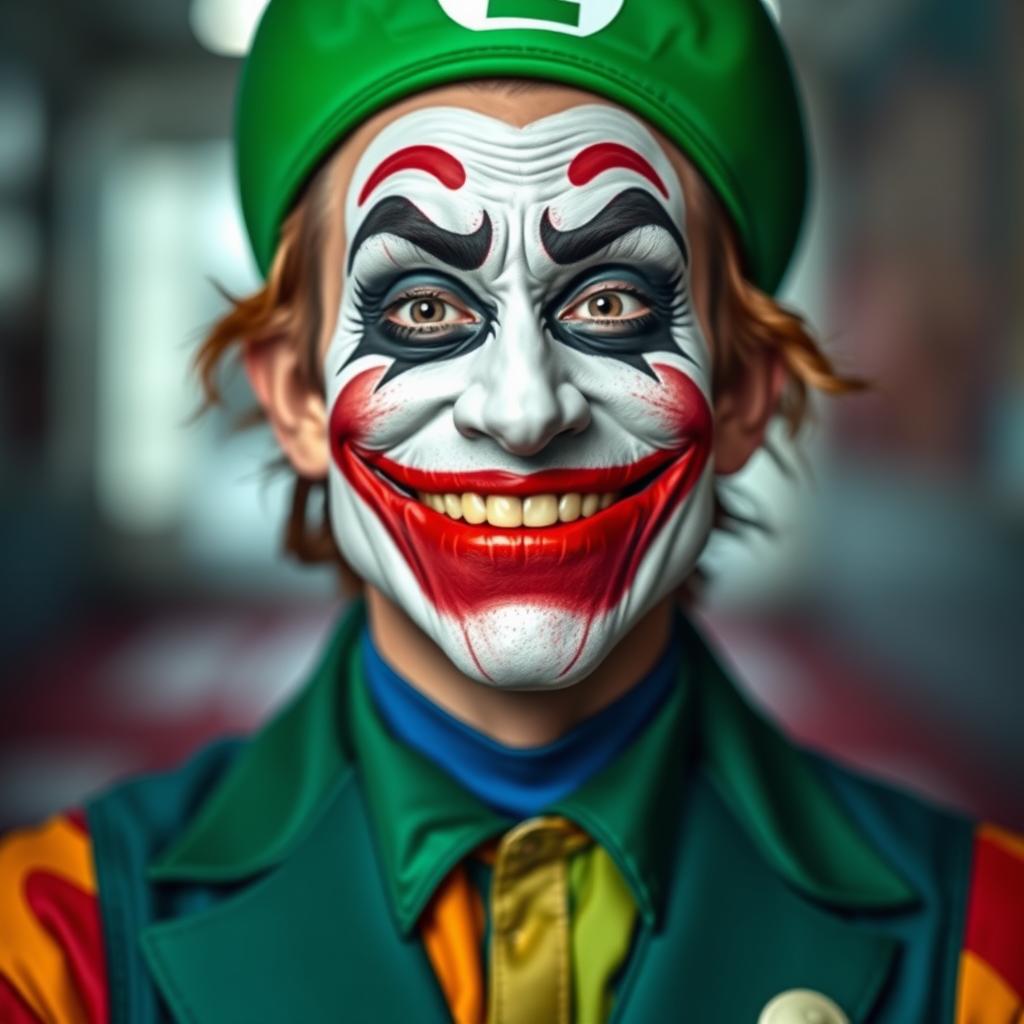 A vivid and creative portrait of Luigi Mangione adorned with Joker-inspired makeup