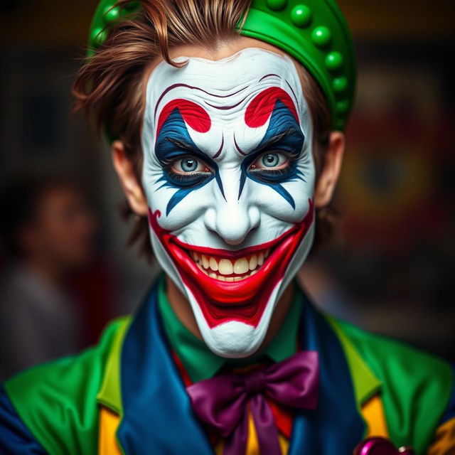 A vivid and creative portrait of Luigi Mangione adorned with Joker-inspired makeup