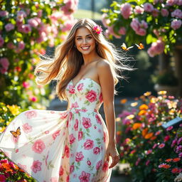 A graceful and confident woman standing in a vibrant garden, dressed in an elegant floral dress that flows with the breeze