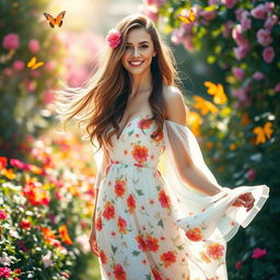 A graceful and confident woman standing in a vibrant garden, dressed in an elegant floral dress that flows with the breeze