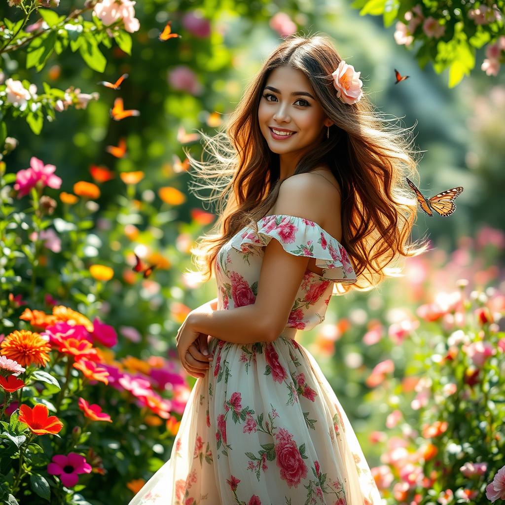 A graceful and confident woman standing in a vibrant garden, dressed in an elegant floral dress that flows with the breeze