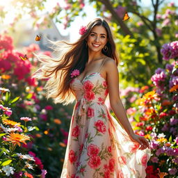 A graceful and confident woman standing in a vibrant garden, dressed in an elegant floral dress that flows with the breeze