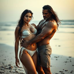 A hot and sultry full-length photoshoot featuring a beautiful 24-year-old Arab woman in a transparent torn tube top and torn bikini, showcasing her sexy cleavage, navel, and legs