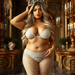 A stunningly beautiful Indian plus-sized woman, not fat, wearing a transparent lace pant that accentuates her figure, showcasing her proportionate breasts