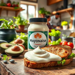 A visually appealing advertisement for a new brand of mayonnaise sauce, showcasing a sleek and modern jar design