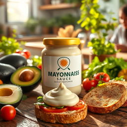 A visually appealing advertisement for a new brand of mayonnaise sauce, showcasing a sleek and modern jar design