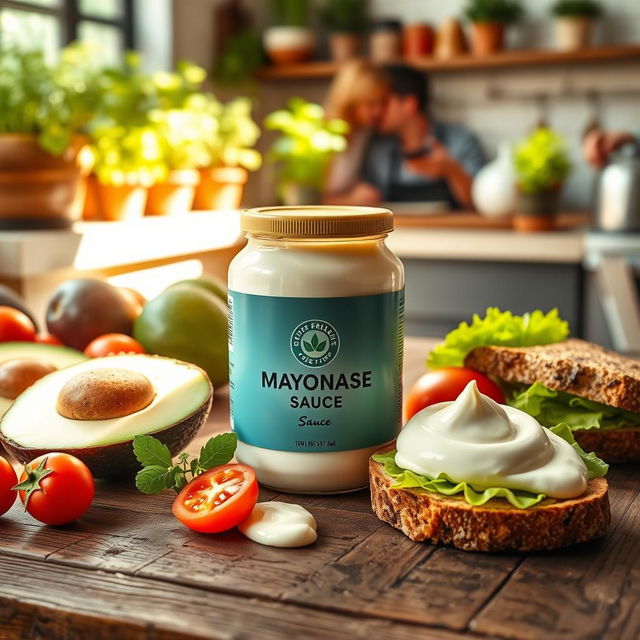 A visually appealing advertisement for a new brand of mayonnaise sauce, showcasing a sleek and modern jar design