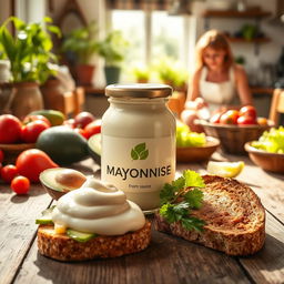 A visually appealing advertisement for a new brand of mayonnaise sauce, showcasing a sleek and modern jar design