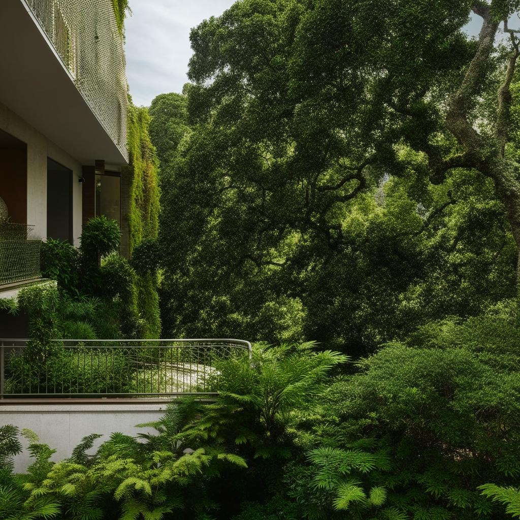 A large duplex house with an expansive balcony lined with ornate railing, surrounded by lush scenery.