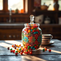 A beautifully designed, colorful glass jar with intricate patterns that reflect light