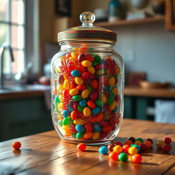 A beautifully designed, colorful glass jar with intricate patterns that reflect light
