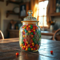 A beautifully designed, colorful glass jar with intricate patterns that reflect light