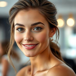 A realistic portrait of a stylish young woman with beautifully styled hair, looking confident and appealing