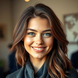 A realistic portrait of a stylish young woman with beautifully styled hair, looking confident and appealing