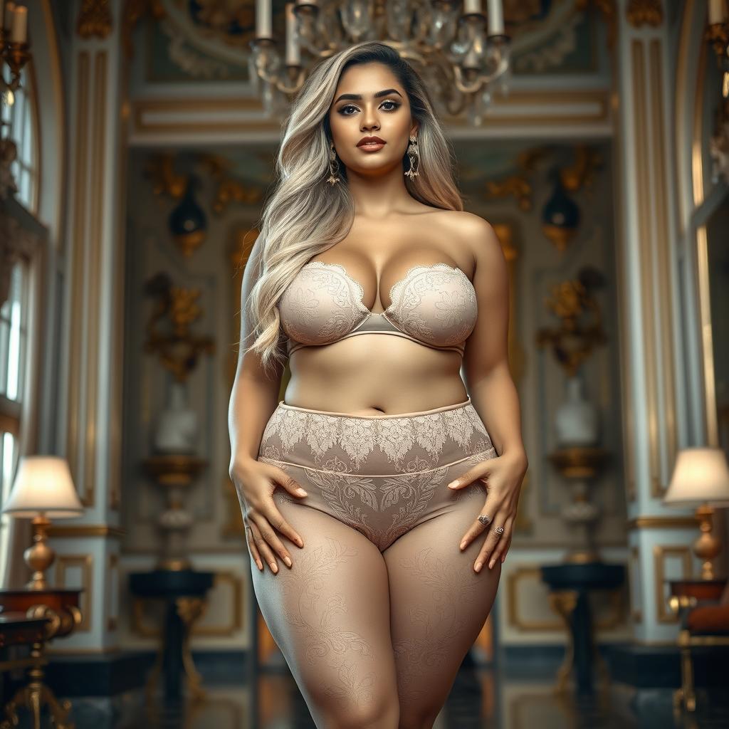 A stunningly beautiful Indian plus-sized woman, not fat, wearing a transparent lace pant that elegantly highlights her proportionate push-up breasts