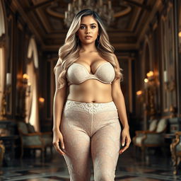 A stunningly beautiful Indian plus-sized woman, not fat, wearing a transparent lace pant that elegantly highlights her proportionate push-up breasts