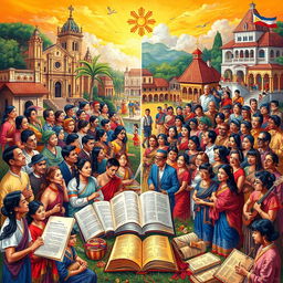 A vibrant and detailed depiction of the history of the Filipino national language and the impact of colonialism during the Spanish era