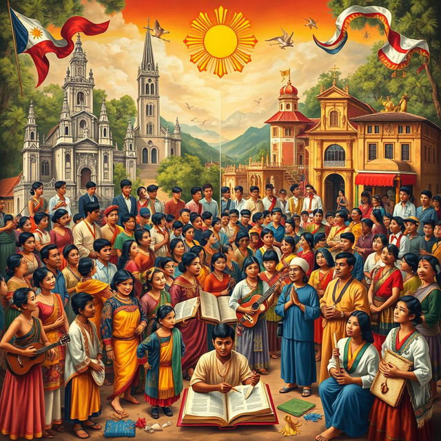 A vibrant and detailed depiction of the history of the Filipino national language and the impact of colonialism during the Spanish era