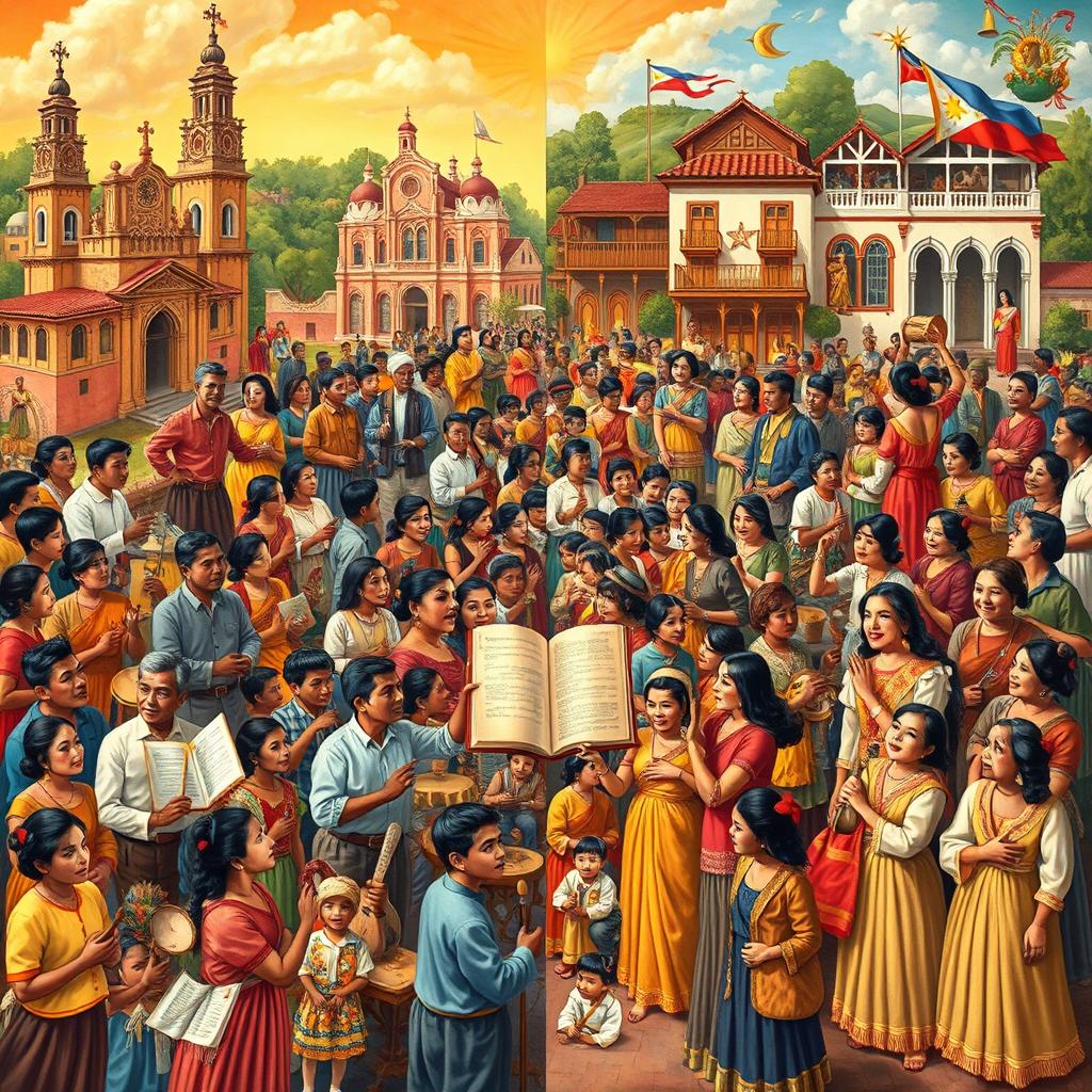 A vibrant and detailed depiction of the history of the Filipino national language and the impact of colonialism during the Spanish era